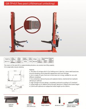Car Hoist Two Post 4000kg 240 volt