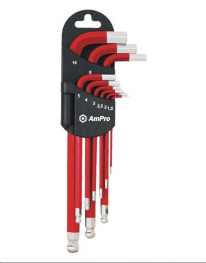 T22984 9 piece Magnetic Long Arm Hex Wrench Set W/Red Sleeve (1.5 -10mm)(Red)